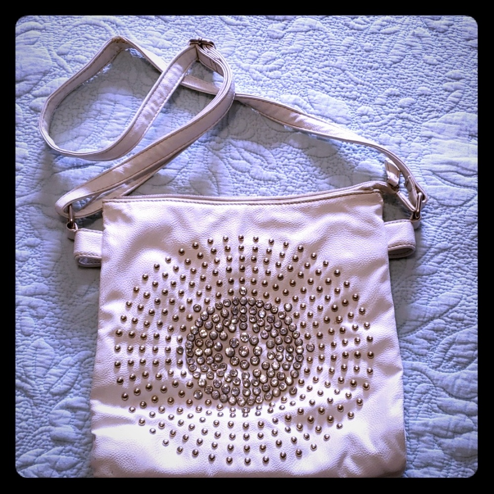 White faux leather rhinestone cross body bag